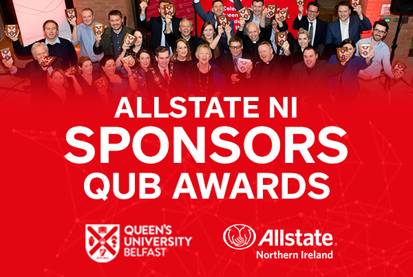 Allstate NI sponsors QUB awards - students holds up awards. 