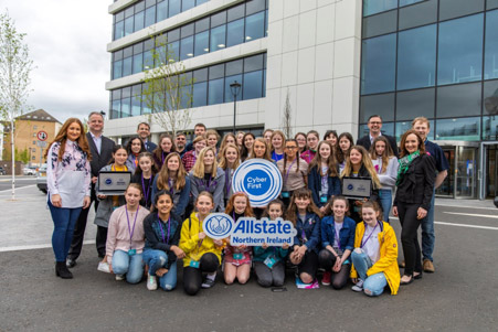 NI Allstate employees and young women that participated in the CyberFirst Girls Defenders course.